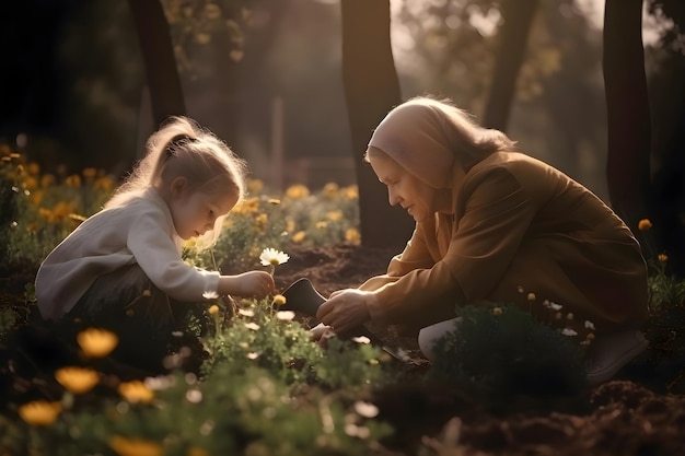 Madre e figlia piantano fiori Festa della mamma Generative AI 1