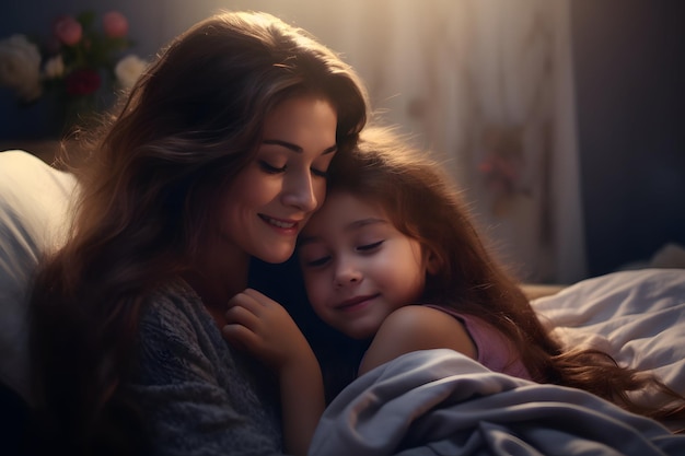 Madre e figlia sdraiate su un letto che si godono insieme un momento di pace