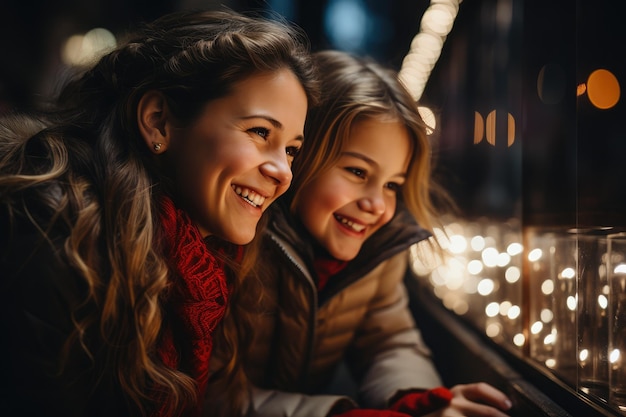 Madre e figlia vedono un albero di Natale per strada