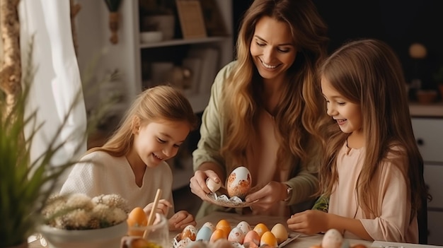 Madre e figlie che decorano le uova di Pasqua