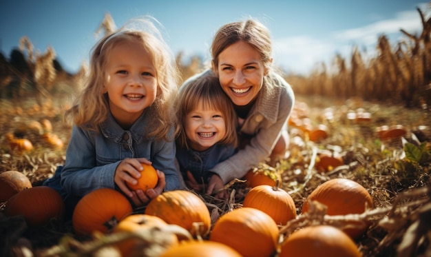 Madre e figlie sedute in un ritratto all'aperto di un orto di zucche Famiglia felice in fattoria che raccoglie zucche per Halloween o il giorno del Ringraziamento