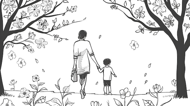 Madre e figlio a passeggiare nel parco di Blooming Spring