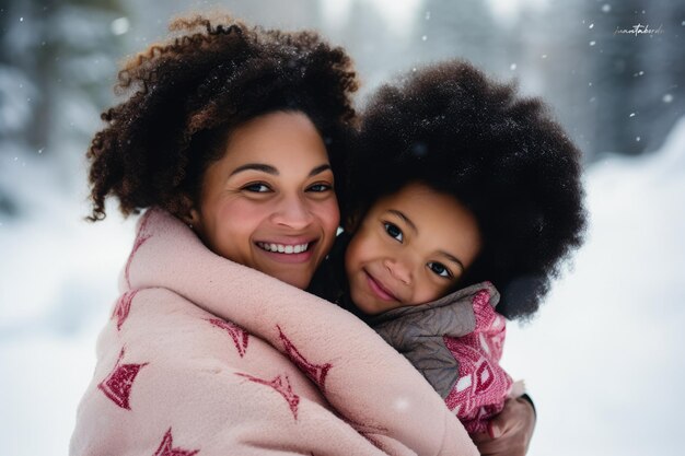 Madre e figlio afroamericani che si godono l'inverno all'aria aperta