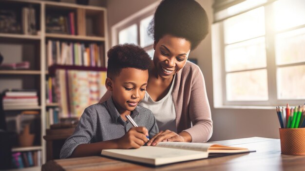 Madre e figlio afroamericani sorridenti fanno i compiti insieme leggono libri con il curriculum scolastico