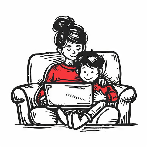 Madre e figlio al portatile personaggi di cartoni animati illustrazione su sfondo bianco IA generativa