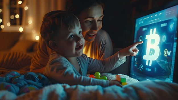 Madre e figlio che esplorano concetti di criptovaluta in un ambiente notturno accogliente con tablet digitali che mostrano il momento tecnologico educativo di bitcoin per la moderna famiglia AI