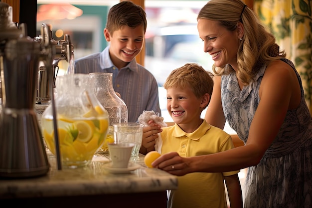 Madre e figlio che preparano una limonata insieme al bancone di un bar in un ristorante Famiglia che si gode una tazza di limonata fumante in una giornata di sole in un caratteristico e accogliente bar.