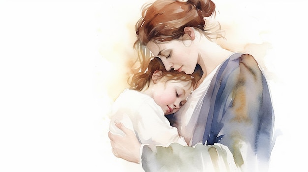 Madre e figlio che si abbracciano side shot acquerello bianco sfondo generativo ai