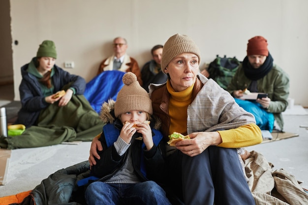 Madre e figlio che si nascondono al riparo