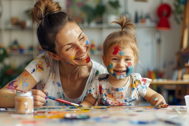 Madre e figlio gioiosi coperti di vernice si divertono insieme in attività artistiche Divertirsi insieme in famiglia