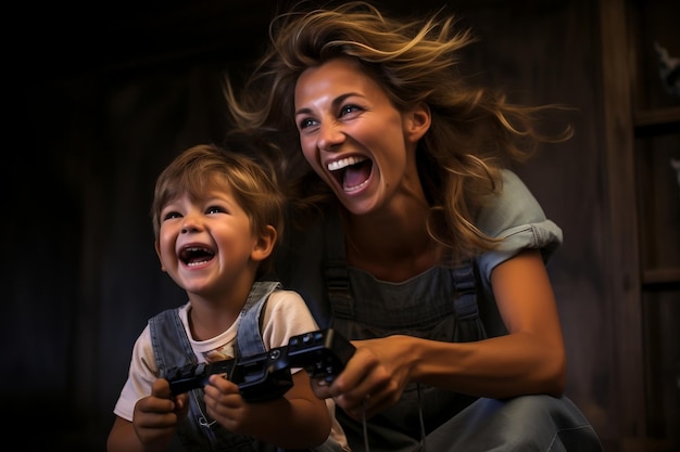 Madre e figlio ridono e giocano insieme ai videogiochi AI