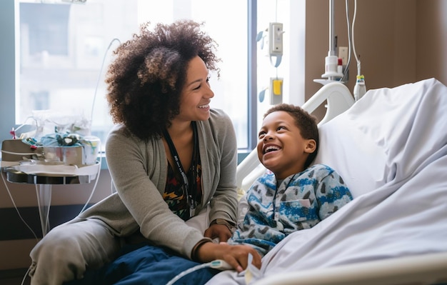 Madre e figlio sorridenti in ospedale Mamma che aiuta il figlio durante il ricovero AI generativa