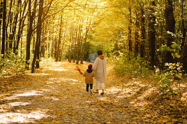 Madre e figlio stanno camminando nella foresta autunnale attività all'aperto autunnale per la famiglia con bambini