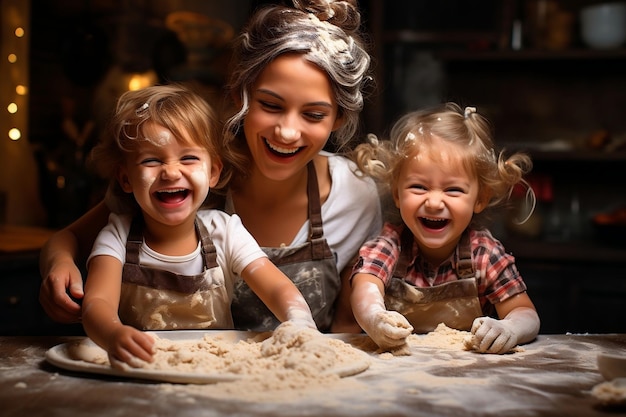 Madre e gemelli che cucinano AI generativa