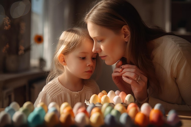 Madre e una bambina che dipingono le uova per il giorno di Pasqua