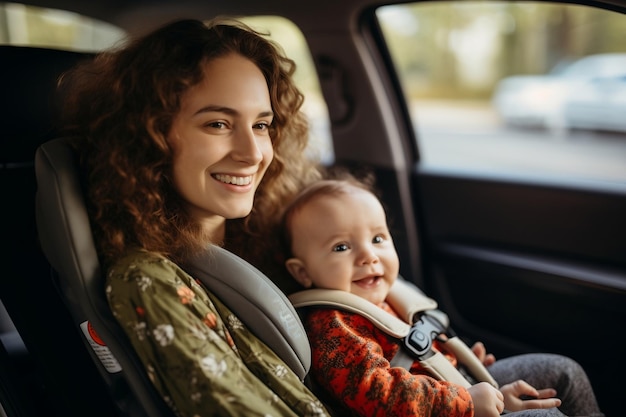 Madre felice che fissa la cintura di sicurezza per il neonato nel seggiolino auto sia sorridente che gioiosa