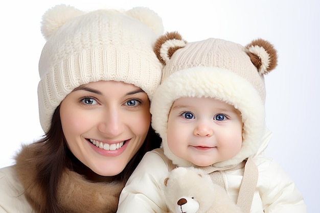 Madre felice con il bambino su sfondo bianco in cappello e giacca