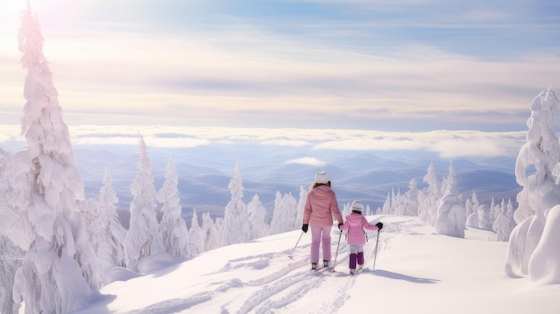 Madre felice e figlia passeggiare attraverso le montagne innevate con un bellissimo paesaggio a