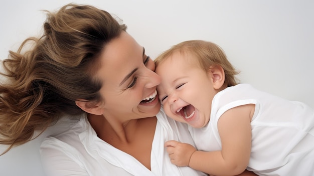 Madre gioiosa e bambino che ridono insieme