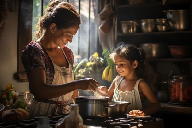 Madre ispanica e figlia che cucinano in cucina