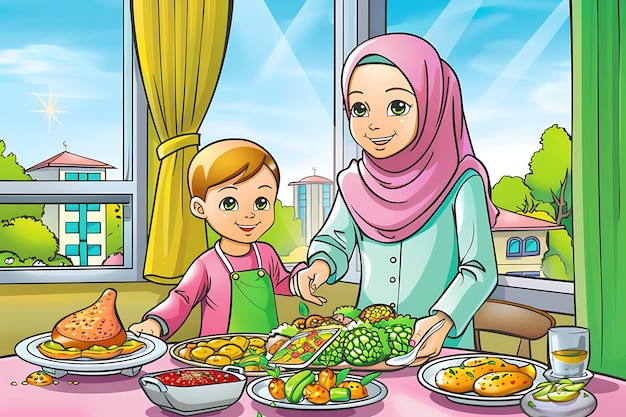 Madre musulmana che serve cibo per la cena di famiglia