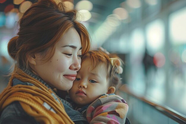 Madre single che allatta suo figlio nel terminal dell'aeroporto