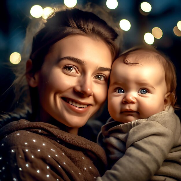 Madre sorridente che tiene in braccio il suo bambino