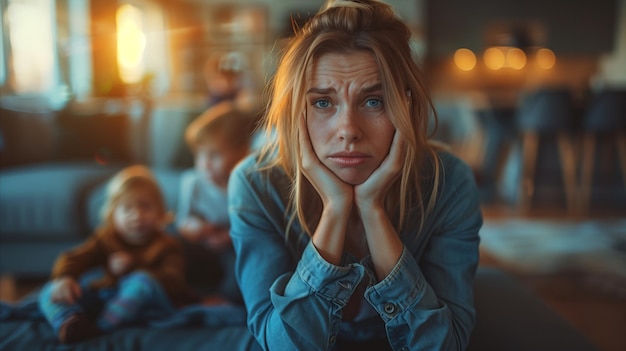 Madre stanca che sorveglia i figli durante le ore serali