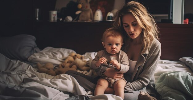 Madre stressata e stanca che soffre di mal di testa mentre fa le faccende domestiche con il suo bambino in casa