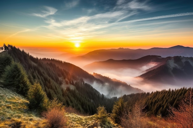 Maestosa alba di montagna sulla valle nebbiosa creata con l'IA generativa