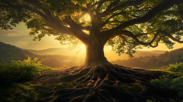 Maestosa antica quercia al sole nella luce dorata dell'alba