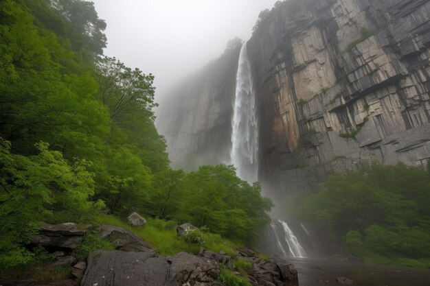 Maestosa cascata con nebbia e spruzzi che si riversano sulla sporgenza rocciosa creata con l'IA generativa