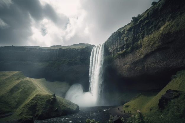 Maestosa cascata con nuvole nebbiose nel cielo creata con l'AI generativa