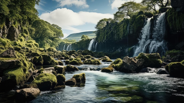 Maestosa cascata nella foresta del parco nazionale islandese