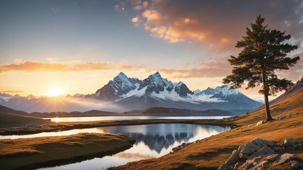 Maestosa catena montuosa all'alba con un piccolo lago e un albero solitario in primo piano