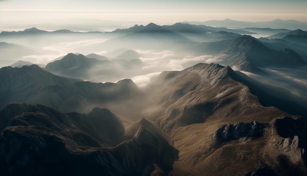 Maestosa catena montuosa avvolta nella nebbia mattutina generata dall'intelligenza artificiale