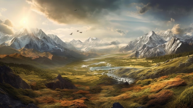 Maestosa catena montuosa che mostra le cime aspre e il paesaggio drammatico generato dall'AI