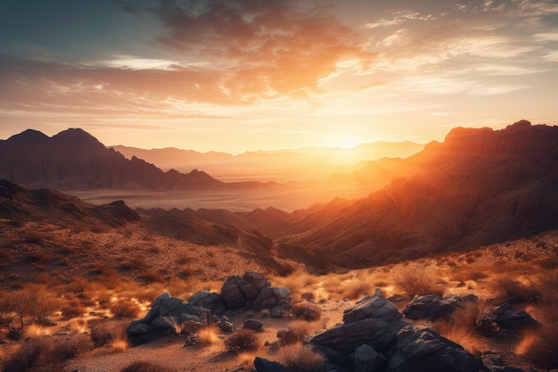 Maestosa catena montuosa con alba e tramonto dietro circondata da un paesaggio desertico