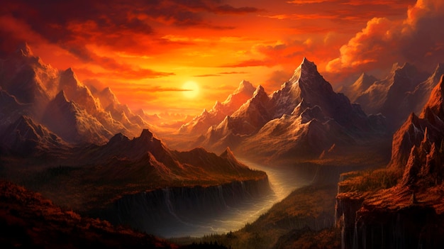 Maestosa catena montuosa con il sole che tramonta dietro un tramonto infuocato del canyon IA generativa