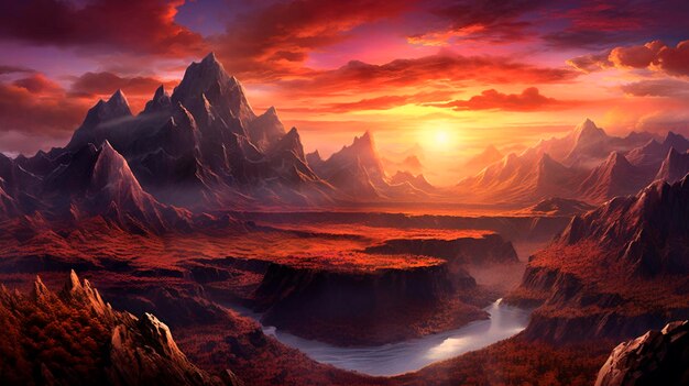 Maestosa catena montuosa con il sole che tramonta dietro un tramonto infuocato del canyon IA generativa