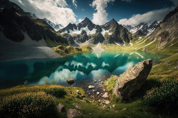 Maestosa catena montuosa con rigogliosi prati alpini e laghi cristallini creati con l'IA generativa