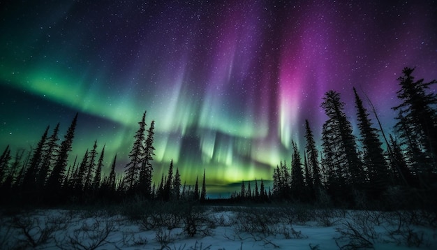 Maestosa catena montuosa illuminata da un campo stellare multicolore in inverno generato dall'IA