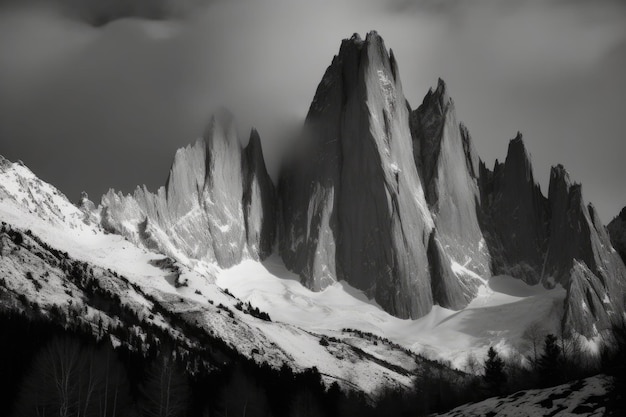 Maestosa catena montuosa in bianco e nero IA generativa