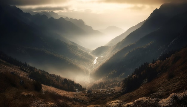 Maestosa catena montuosa prato tranquillo bellezza panoramica generata da AI