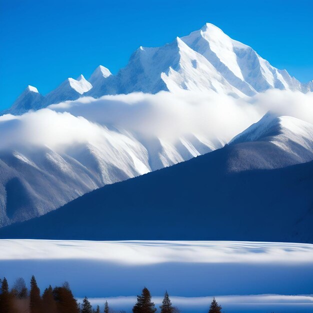 Maestosa catena montuosa ricoperta di neve con un cielo blu chiaro sopra