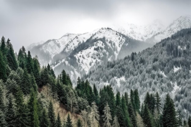 Maestosa catena montuosa ricoperta di neve e punteggiata da alberi sempreverdi creati con l'IA generativa