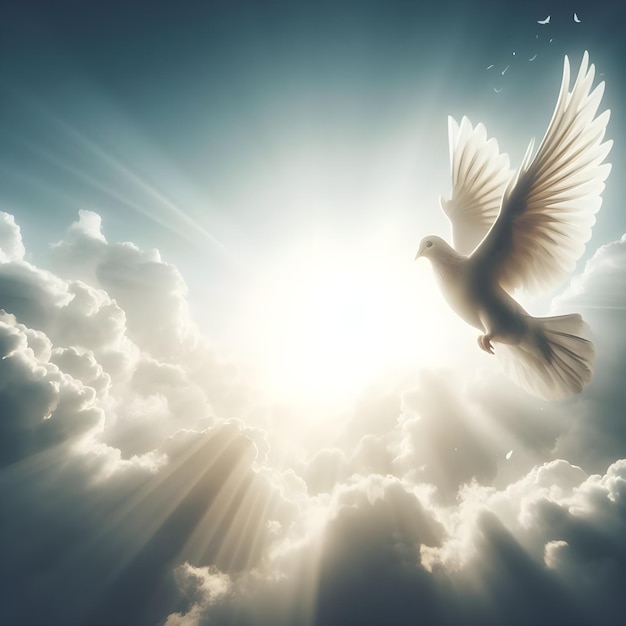 Maestosa colomba bianca che vola graziosamente contro un cielo illuminato dal sole