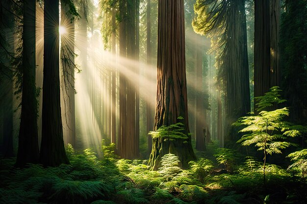 Maestosa foresta di sequoie con la luce del sole che filtra attraverso gli alberi