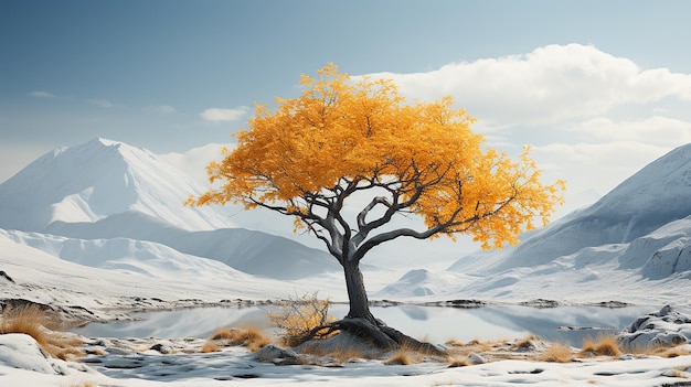 Maestosa fotografia di un albero solitario in piedi su un gruppo di montagne
