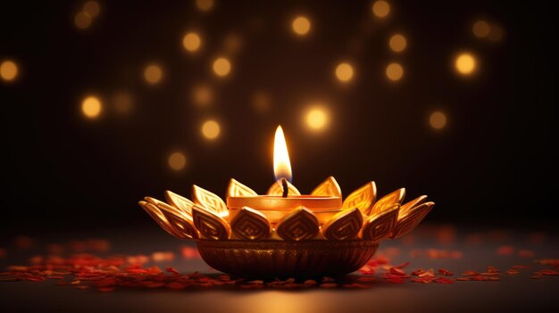 maestosa lampada Diya che brilla luminosa nell'oscurità che commemora Diwali
